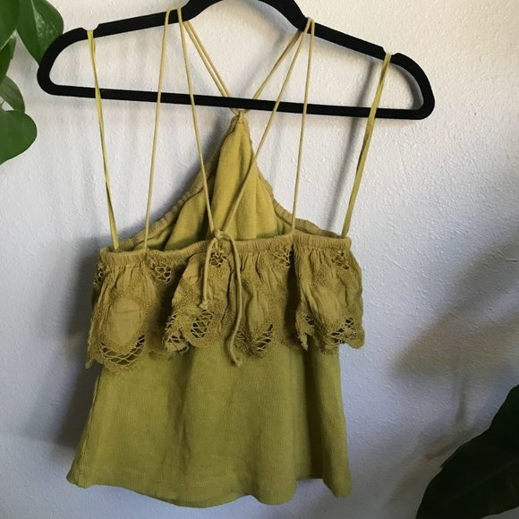 Anthropologie Ruffled Halter Lace Green Tank Top/ Boho Summer Spring Cottagecore - Picture 5 of 9